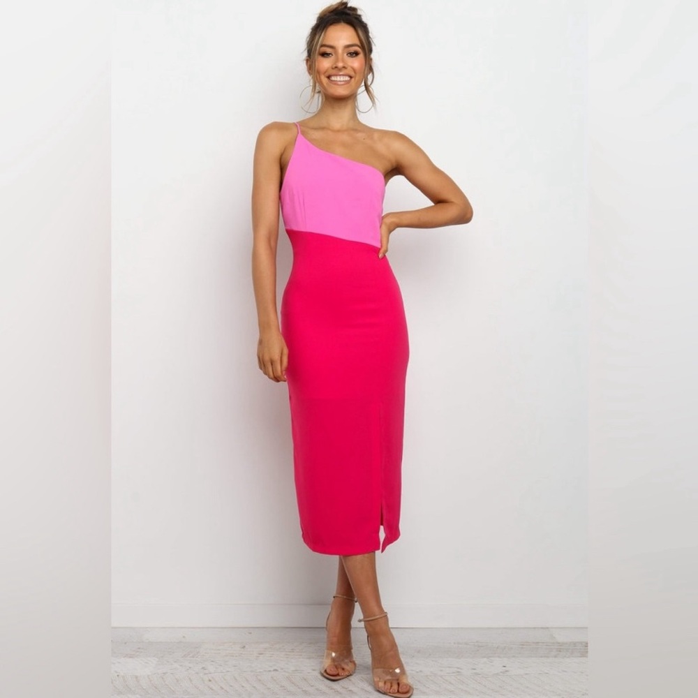 Petal & Pup Pink Two-Tone One-Shoulder Midi Dress